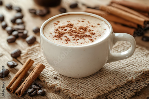 A cozy cup of coffee topped with cocoa and cinnamon, surrounded by coffee beans and cinnamon sticks on a rustic setting.