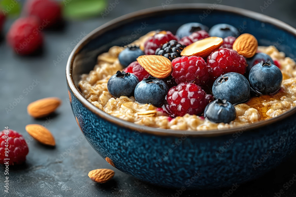 A delicious bowl of oatmeal topped with fresh berries and almonds, perfect for a healthy breakfast. A delicious bowl of oatmeal topped with fresh berries and almonds, perfect for a healthy breakfast.