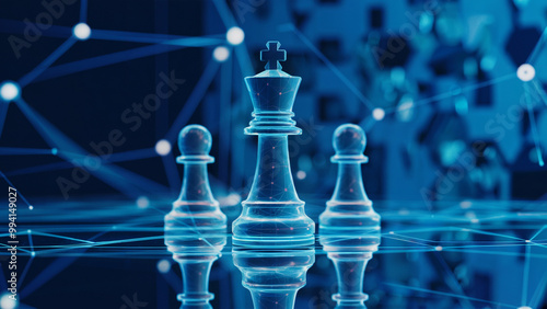 A digital representation of a chessboard with three chess pieces: a king in the center, flanked by two pawns. 