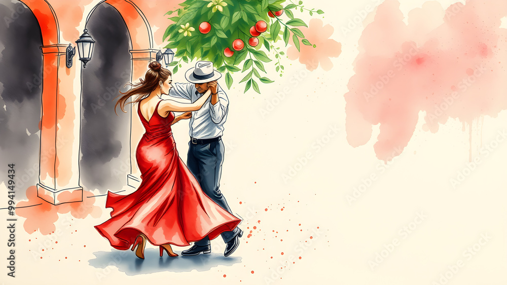 Fototapeta premium Watercolor artistic image of red salsa cuba dancers. Generative AI