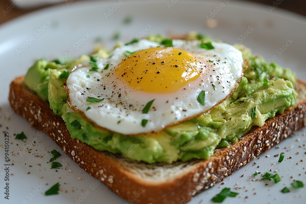 Delicious avocado toast topped with a sunny-side-up egg, sprinkled with pepper and herbs for a healthy breakfast option. Delicious avocado toast topped with a sunny-side-up egg, sprinkled with pepper and herbs for a healthy breakfast option.
