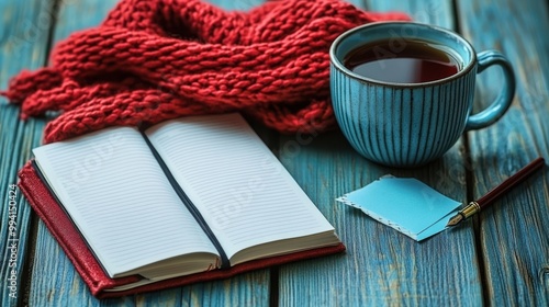 A red knit scarf, a cup of tea, a journal with blank pages, a blue notecard, and a fountain pen on a weathered wooden table, ready for inspiration to flow photo