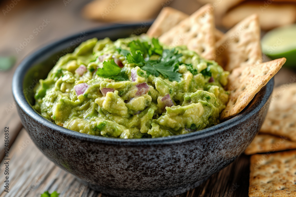 Delicious guacamole served in a bowl with crispy crackers, perfect for dipping and snacking on a rustic wooden table. Delicious guacamole served in a bowl with crispy crackers, perfect for dipping and snacking on a rustic wooden table.