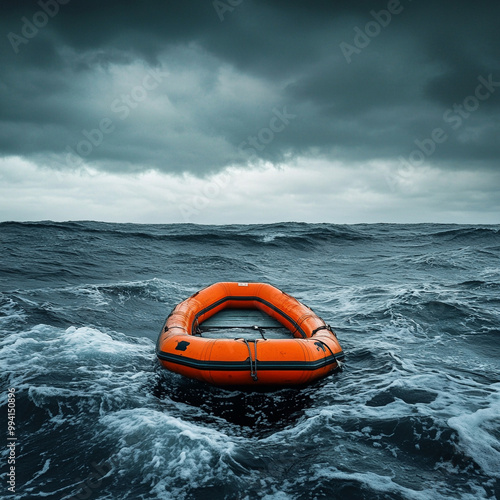 An empty orange lifeboat floats alone in the rough sea under a gloomy, overcast sky