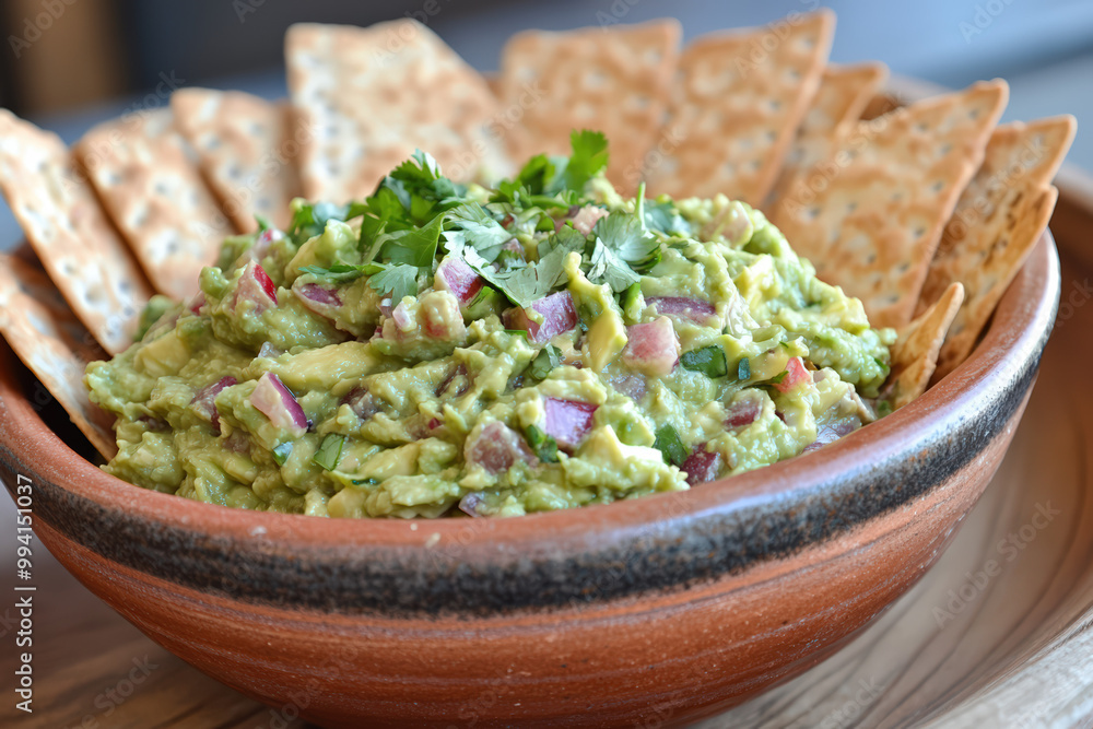 Delicious guacamole served in a bowl with crispy crackers, garnished with fresh cilantro, perfect for any snack or party. Delicious guacamole served in a bowl with crispy crackers, garnished with fresh cilantro, perfect for any snack or party.