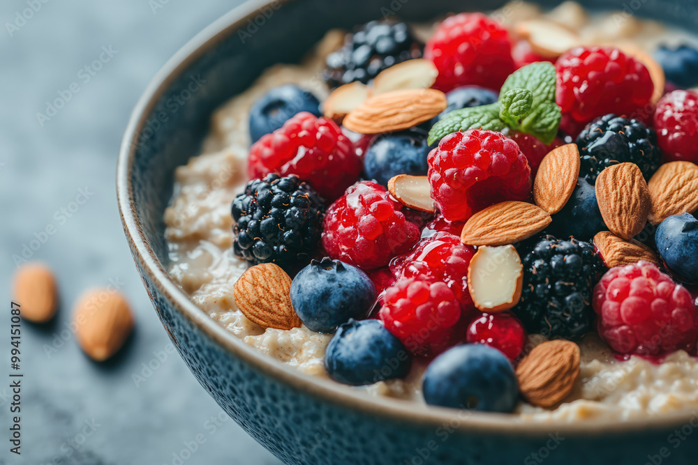 Delicious oatmeal topped with fresh berries and almonds, perfect for a healthy breakfast or snack. Delicious oatmeal topped with fresh berries and almonds, perfect for a healthy breakfast or snack.
