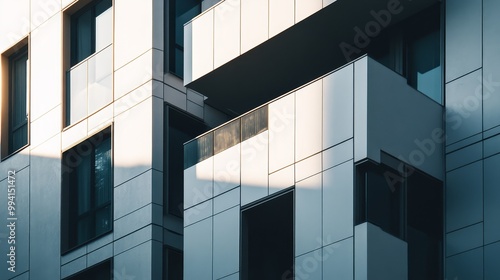 Find a modern building with sharp external panels or architectural details that cast long, dramatic shadows during the day. 