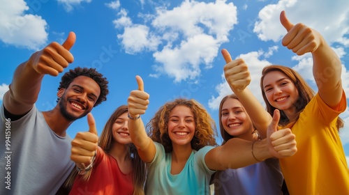 Friends of diverse backgrounds joyfully give a thumbs up under a bright blue sky, radiating unity.
