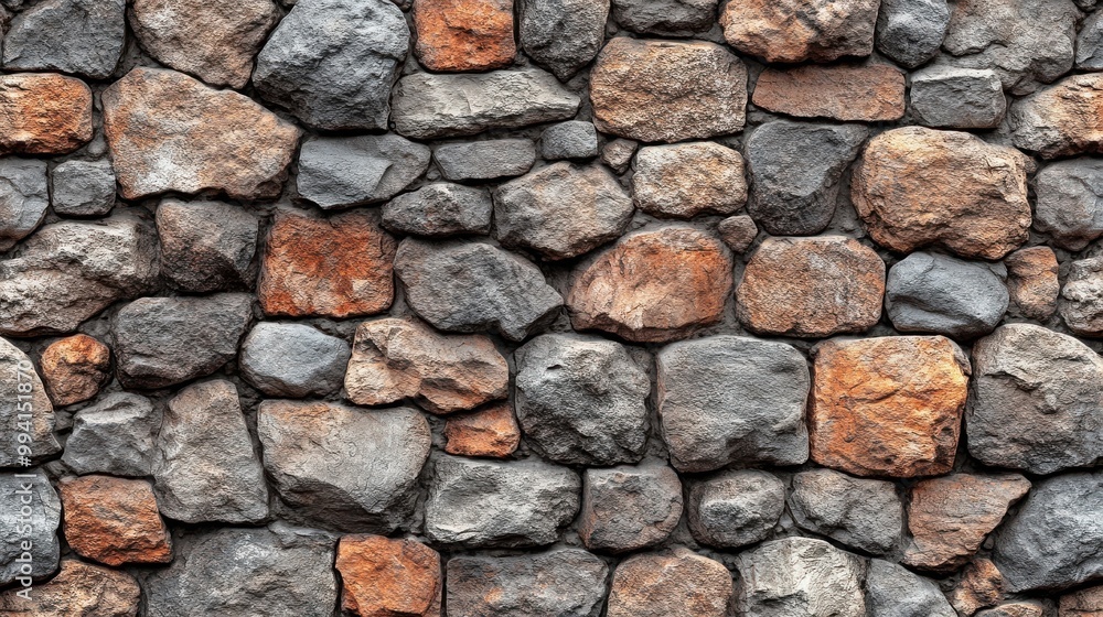 Fototapeta premium A Rough Stone Wall with Irregularly Shaped Rocks in Shades of Grey and Orange