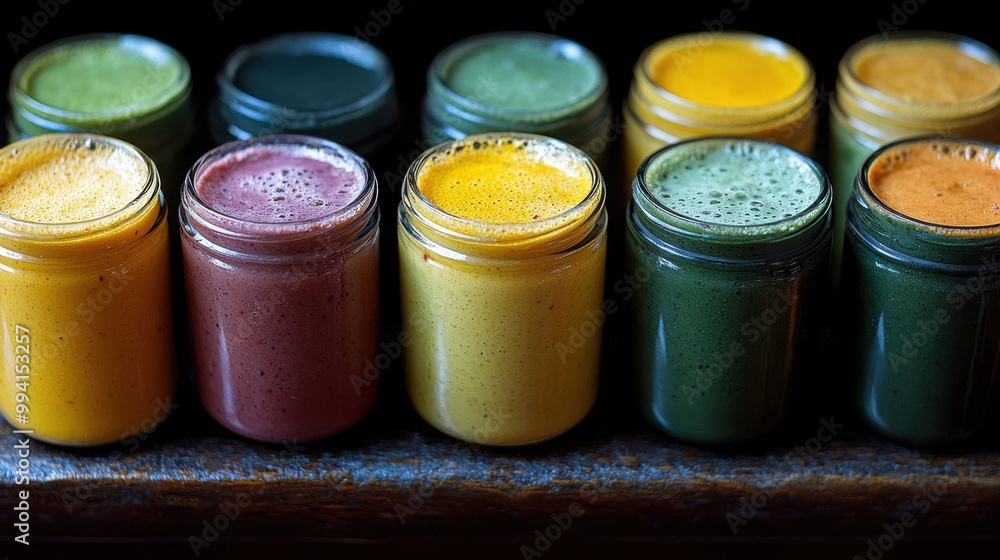 A row of colorful smoothies in glass jars, showcasing a vibrant spectrum of flavors and health benefits A row of colorful smoothies in glass jars, showcasing a vibrant spectrum of flavors and health benefits