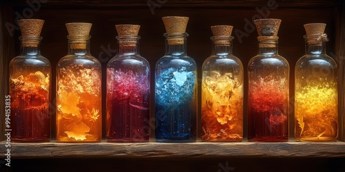 A Row of Glass Bottles Filled With Colorful Liquids and Floating Botanicals, Each Featuring a Unique Hue and Composition