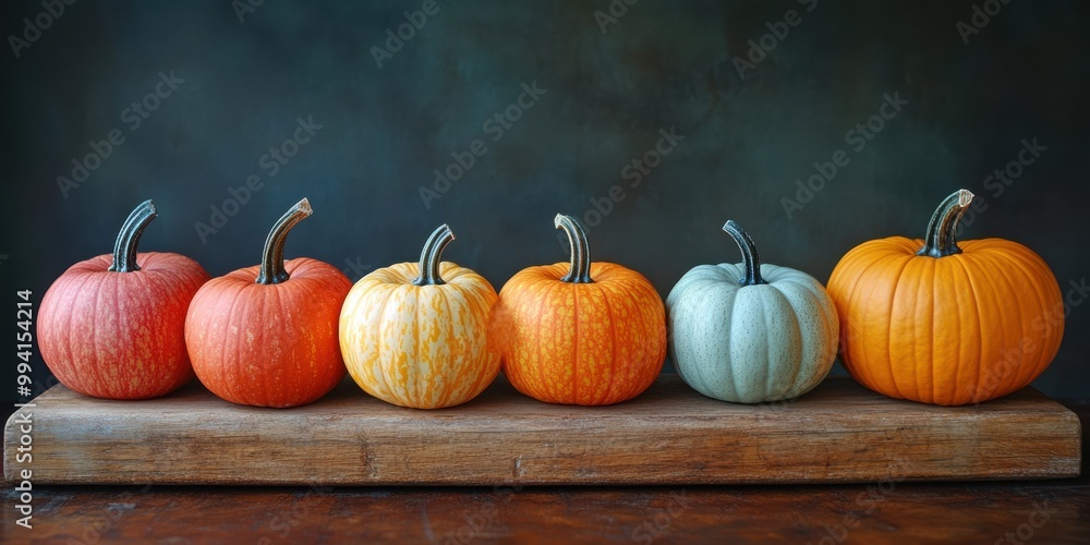 A Row of Pumpkins on a Wooden Cutting Board, Displaying a Variety of Colors and Shapes, With a Dark Background A Row of Pumpkins on a Wooden Cutting Board, Displaying a Variety of Colors and Shapes, With a Dark Background