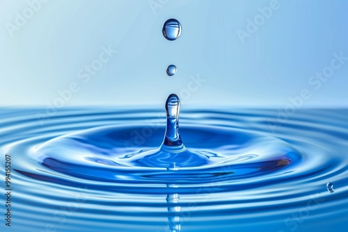 Water Drop Splash, Clean Water Surface, Liquid Circle Ripple, Close-Up View, Blue Background