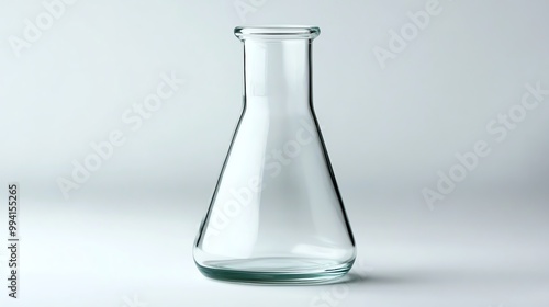 A clear glass laboratory flask designed for scientific experiments and storage, showcasing a minimalist aesthetic.