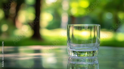 A clear glass sits elegantly on a reflective surface, surrounded by a lush green background, perfect for beverage and relaxation themes.