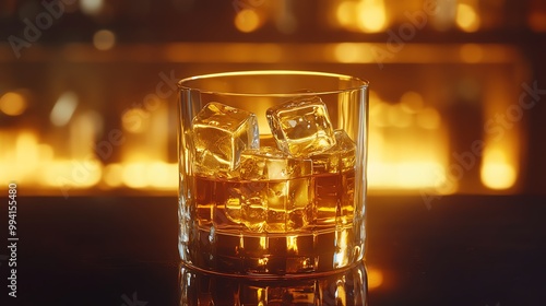 A close-up of a whiskey glass filled with ice cubes, showcasing rich amber tones and a cozy bar atmosphere.