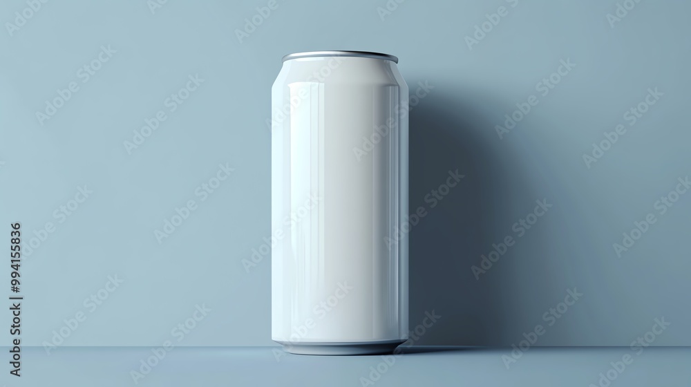 A minimalist image of a single white can standing on a smooth surface against a soft blue background, perfect for design projects. A minimalist image of a single white can standing on a smooth surface against a soft blue background, perfect for design projects.