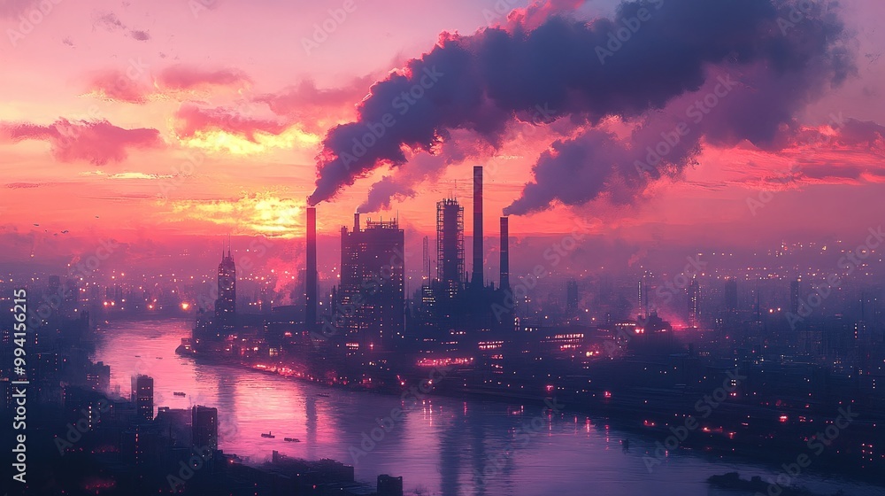 industrial city power plant with smokestacks emitting plumes of smoke into the evening sky, illustrating the relationship between energy generation and environmental concerns industrial city power plant with smokestacks emitting plumes of smoke into the evening sky, illustrating the relationship between energy generation and environmental concerns
