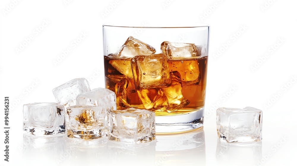 A refreshing glass of whiskey with ice cubes, perfect for any occasion or celebration, showcasing rich amber color and clarity. A refreshing glass of whiskey with ice cubes, perfect for any occasion or celebration, showcasing rich amber color and clarity.