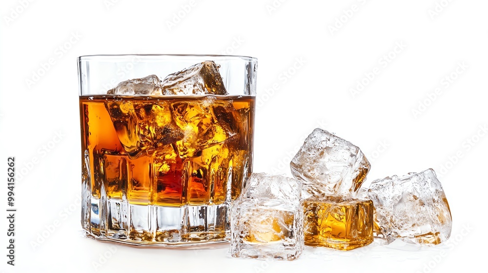 A refreshing glass of whiskey with ice cubes, perfect for a relaxing evening or social gathering. A refreshing glass of whiskey with ice cubes, perfect for a relaxing evening or social gathering.