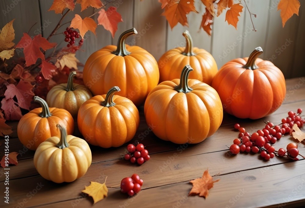 An assortment of orange pumpkins, gourds, and red berries on a wooden surface An assortment of orange pumpkins, gourds, and red berries on a wooden surface