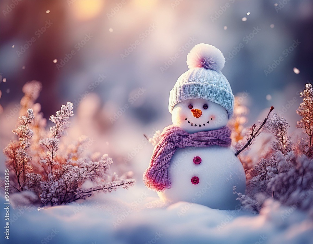 A little cute smiling snowman dressed in a wool scarf and hat, in a beautiful white winter garden. Christmas and New Year illustration.
A little cute smiling snowman dressed in a wool scarf and hat, in a beautiful white winter garden. Christmas and New Year illustration.