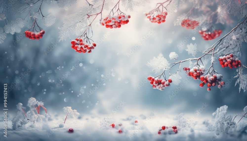 Beautiful white snowy winter Christmas background with red rowan tree fruits and tree branches covered with glittering silver frost, bokeh light, copyspace. Beautiful white snowy winter Christmas background with red rowan tree fruits and tree branches covered with glittering silver frost, bokeh light, copyspace.