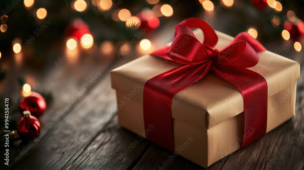 Christmas gift box with red ribbon on wooden table Christmas gift box with red ribbon on wooden table