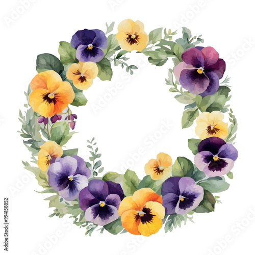 Vector beautiful floral watercolor frame with pink, purple and violet pansy.