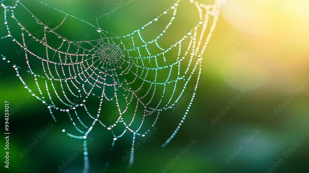 Naklejka premium A close-up of a spider web glistening with dew, set against a blurred green background, creating a serene and natural atmosphere.