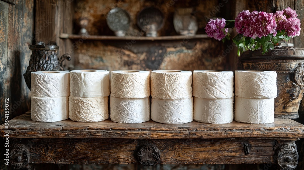A collection of neatly stacked toilet paper rolls sits on a rustic wooden table, accented by a lovely vase of blooming flowers, creating a cozy atmosphere in the vintage interior A collection of neatly stacked toilet paper rolls sits on a rustic wooden table, accented by a lovely vase of blooming flowers, creating a cozy atmosphere in the vintage interior