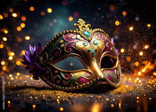 Elegant Masquerade Mask with Gold Accents on Dark Background for Festive Celebrations and Events