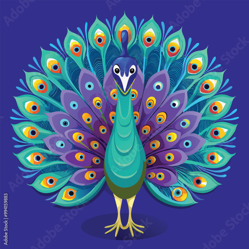 peacock feather on a branch A peacock displaying its full array of colorful tail feathers, Hand drawn peacock Vector solid color background