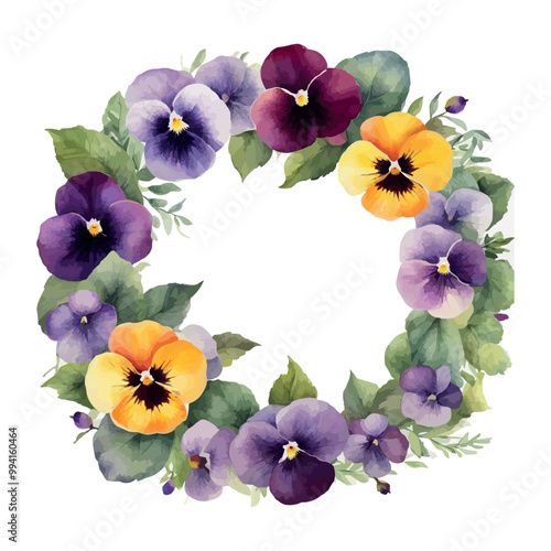 Vector beautiful floral watercolor frame with pink, purple and violet pansy.
