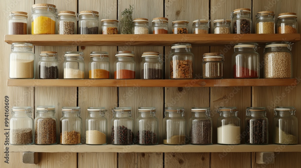 Glass jars with spices on wooden kitchen shelf Glass jars with spices on wooden kitchen shelf