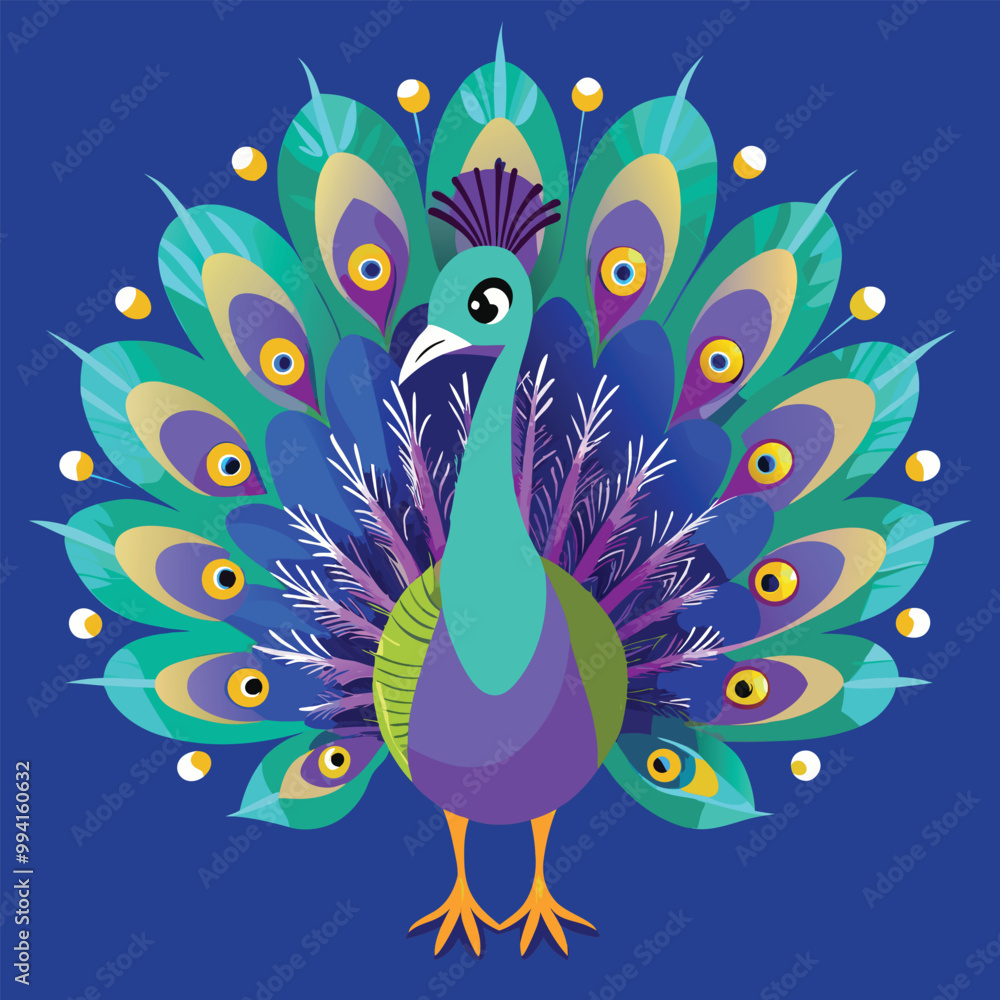 Fototapeta premium peacock feather on a branch A peacock displaying its full array of colorful tail feathers, Hand drawn peacock Vector solid color background