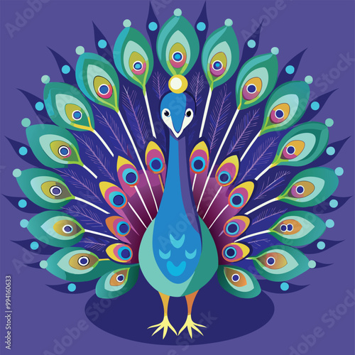 peacock feather on a branch A peacock displaying its full array of colorful tail feathers, Hand drawn peacock Vector solid color background