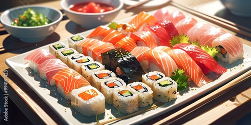 anime style artwork of a sushi platter. colorful nigiri, sashimi, and maki rolls. 