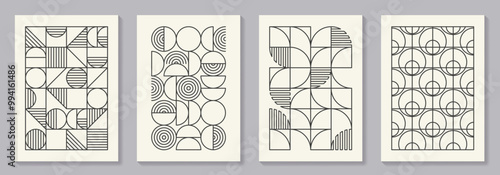 Retro set of black and white geometric vector pattern minimal posters with 20s geometric design. Trendy bauhaus pattern background for cover design, poster and interior.