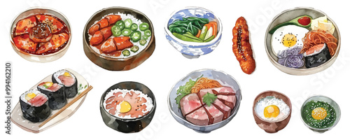 Set watercolor japanese foods design resources elements isolated on transparent background