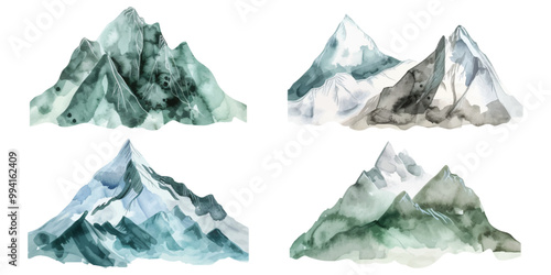 Set watercolor misty mountains hill design resources elements isolated on transparent background