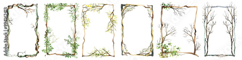 Set watercolor frame border floral tree branches form rectangular shape design resources elements isolated on transparent background