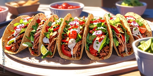Illustrate an anime style platter of colorful tacos. The tacos with grilled chicken, beef, and a variety of fresh toppings lettuce, tomatoes, cheese, and avocado slices.