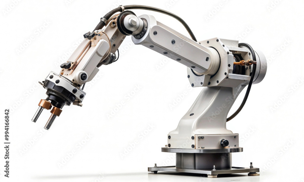 A modern manipulator robot in white on a light background A modern manipulator robot in white on a light background