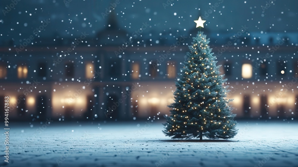 Naklejka premium A serene winter night scene featuring a beautifully lit Christmas tree surrounded by softly falling snowflakes.