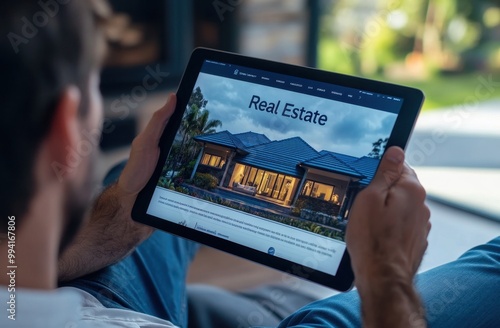 A real estate agent using a tablet to display the web page of their website, which features photos and details about luxury houses for sale, with text 