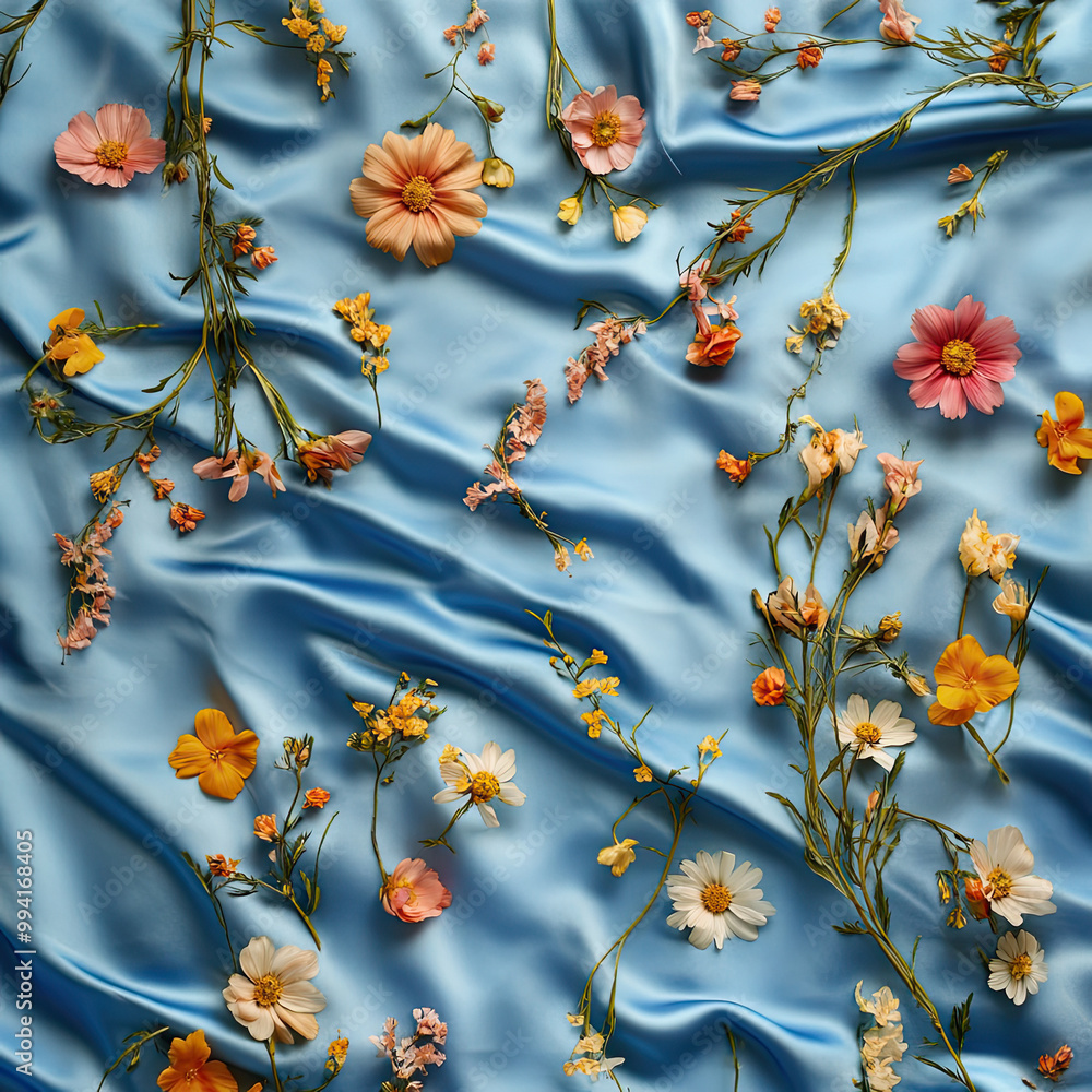 A scattering of multi-colored flowers on silk in blue tones. 3D pattern. Stylish print on fabric, knitwear, textiles, paper. Interior decor, sketch for decorations, drapery, holiday packaging. A scattering of multi-colored flowers on silk in blue tones. 3D pattern. Stylish print on fabric, knitwear, textiles, paper. Interior decor, sketch for decorations, drapery, holiday packaging.