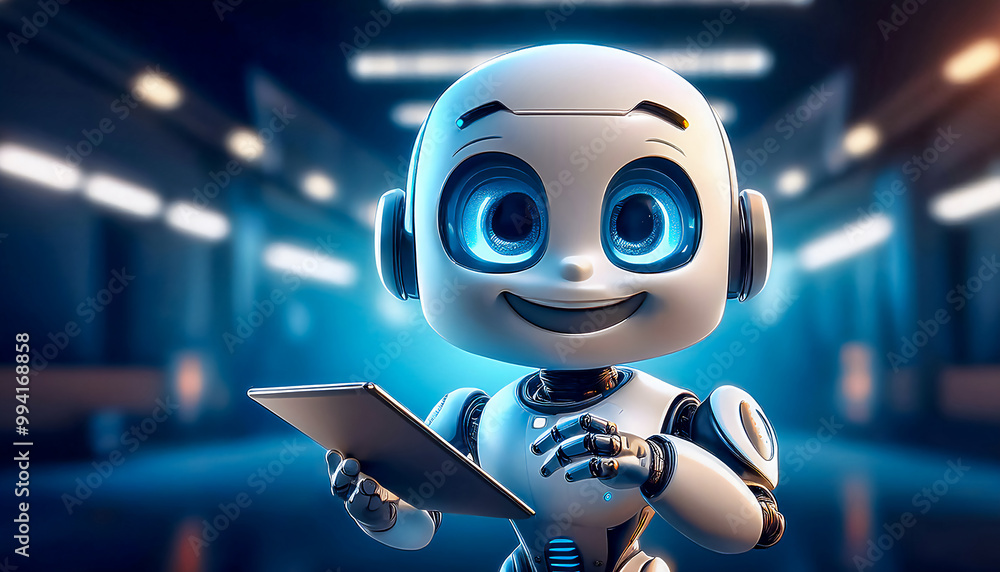 Friendly cartoon humanoid robot powered by artificial intelligence, uses a tablet to perform financial investment tasks, on the blurred tech finance background Friendly cartoon humanoid robot powered by artificial intelligence, uses a tablet to perform financial investment tasks, on the blurred tech finance background