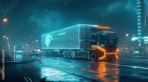 Futuristic truck with trailer scene with wireframe intersection Illustration.