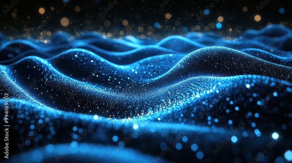 A mesmerizing blue wave pattern with glowing particles, creating an ethereal and digital landscape reminiscent of waves or sound. A mesmerizing blue wave pattern with glowing particles, creating an ethereal and digital landscape reminiscent of waves or sound.